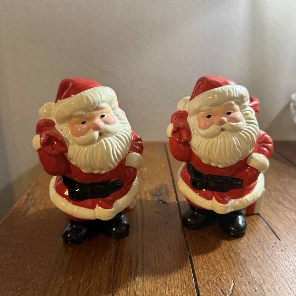 Vintage Christmas  Avon Pair Ceramic Santa With Toy Bag Votive Candle Cup 1982